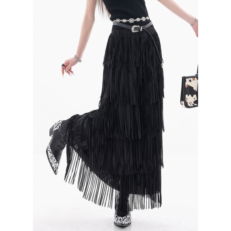 Fine Black Tasseled Elastic Waist Cotton Skirts Summer
