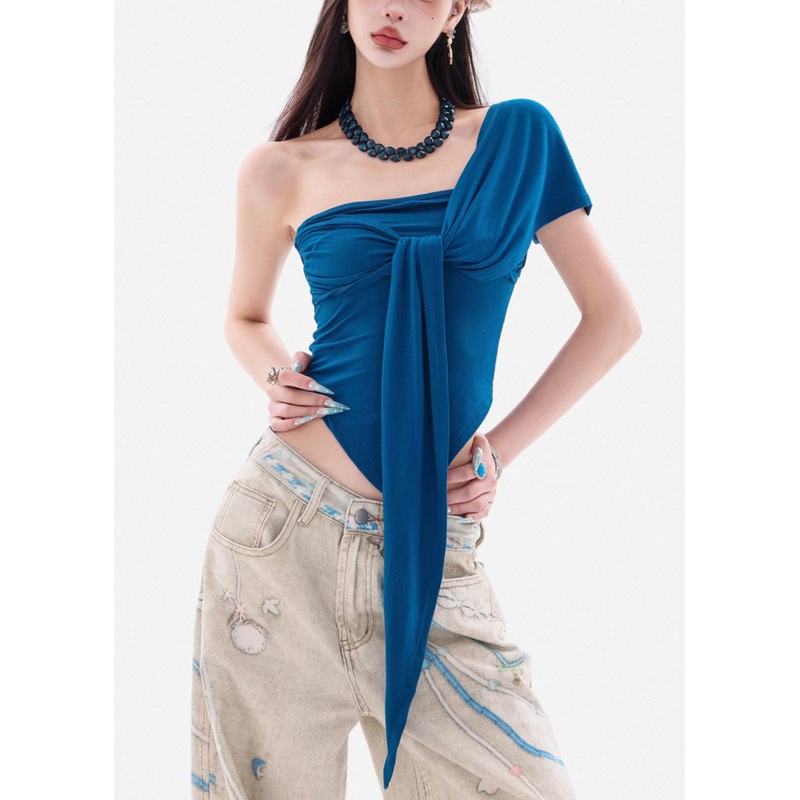 Sexy Peacock Blue Asymmetrical Backless Cotton Top Summer