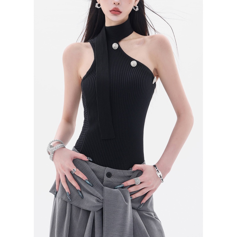 Slim Fit Black Asymmetrical Cold Shoulder Knit Top Sleeveless