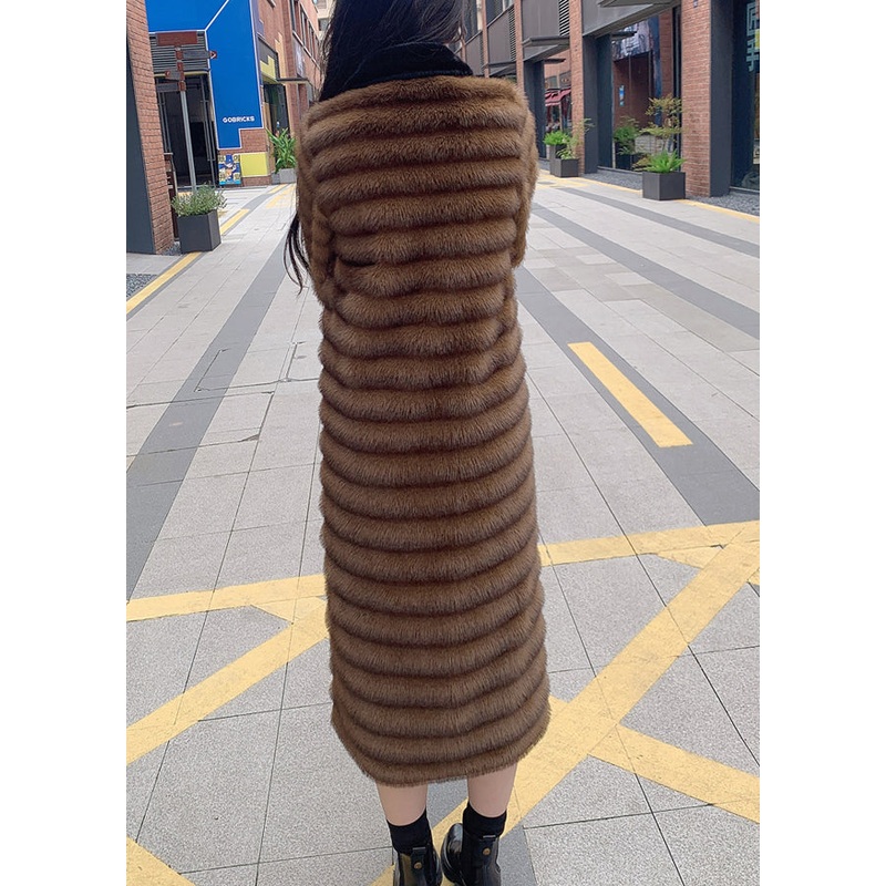 Style Coffee Peter Pan Collar Patchwork Leather And Fur Long Coats Spring