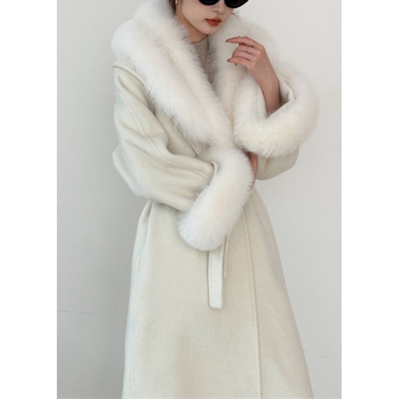 Stylish Beige Fur Collar Tie Waist Long Woolen Coats Spring