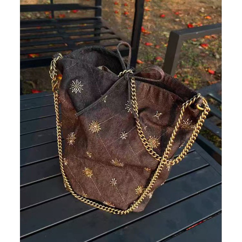Stylish Brown Embroidered Large Capacity Cotton Clutch Bag
