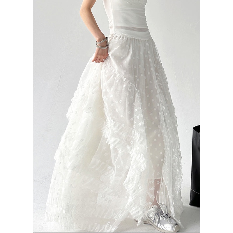 Stylish White Ruffled Elastic Waist Tulle Skirts Summer