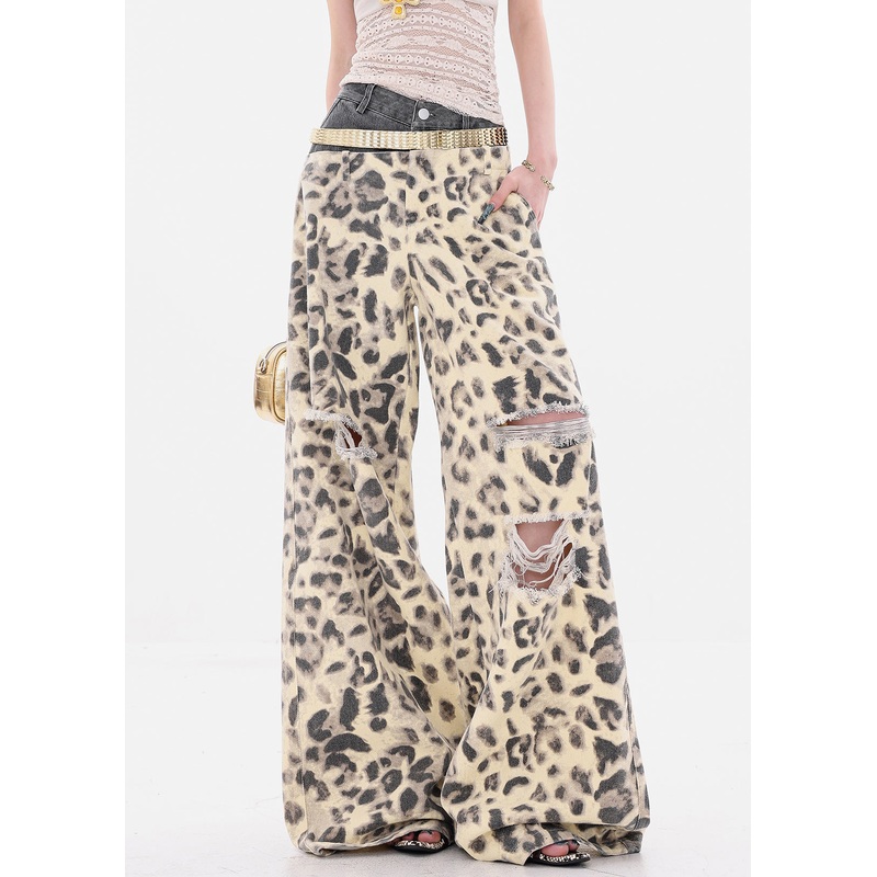 Unique Leopard Hole Patchwork Denim Wide Leg Pants Summer