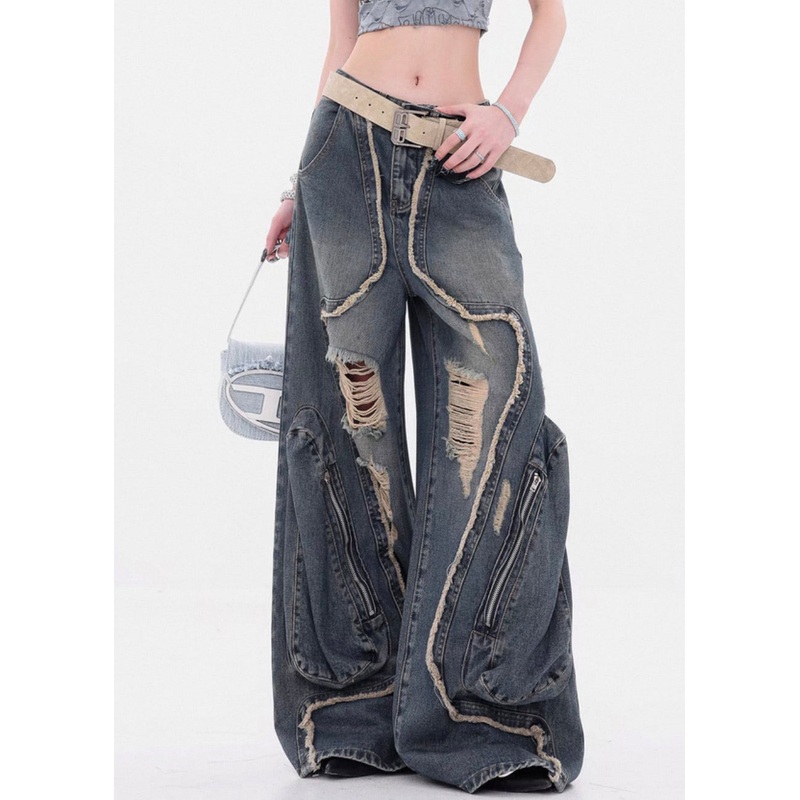 Vintage Denim Blue Hole Zippered High Waist Wide Leg Pants Fall