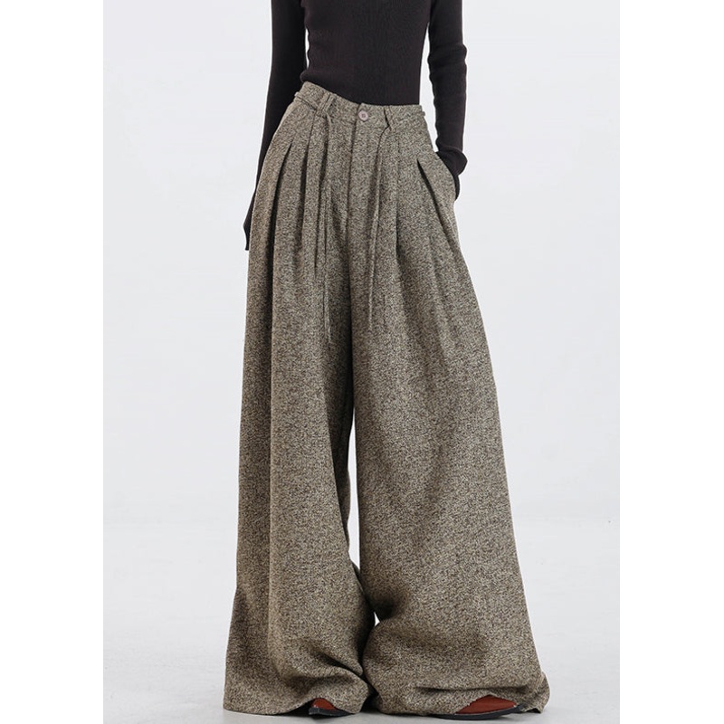 Vintage Khaki Pockets High Waist Woolen Pants Fall