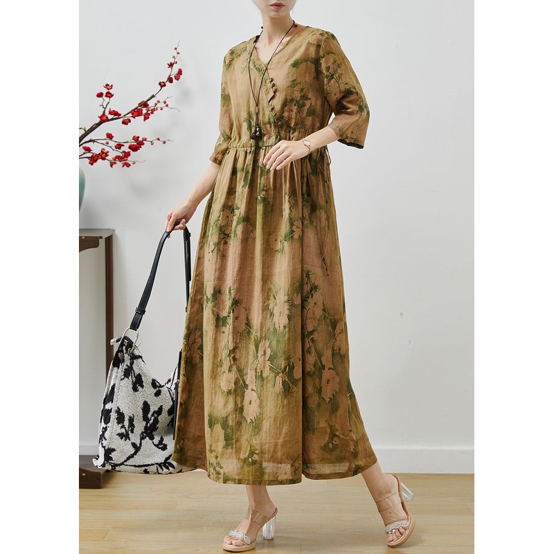 Women Cinched Print Cotton Long Dress Summer