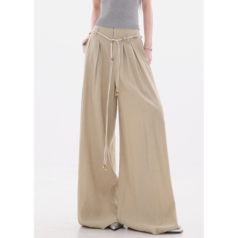 Women Khaki Pockets Tie Waist High Waist Cotton Wide Leg Pants Fall
