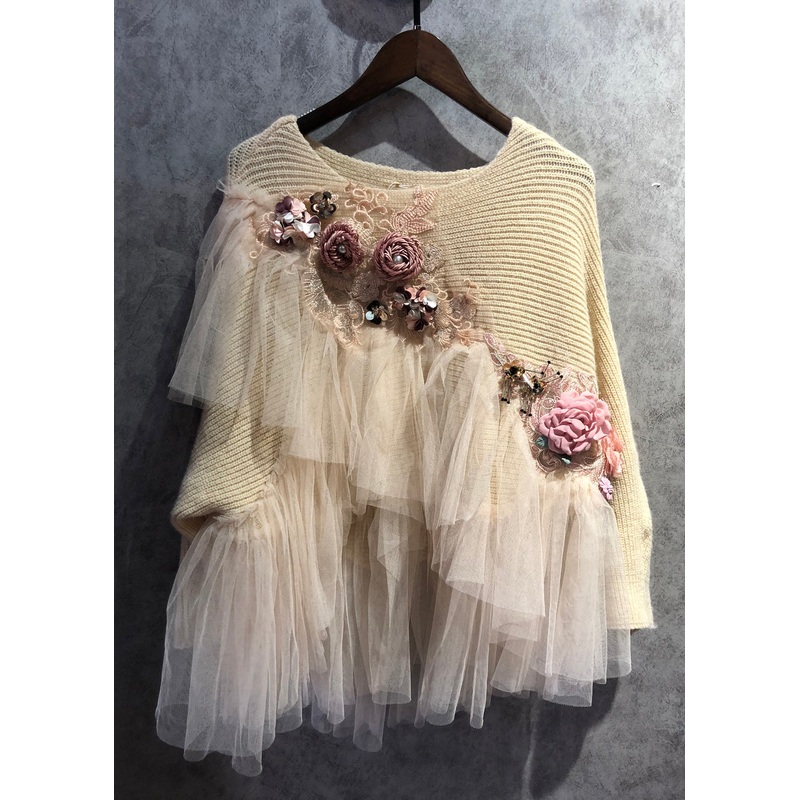 Art Beige O Neck Tulle Patchwork Knit Sweater Spring