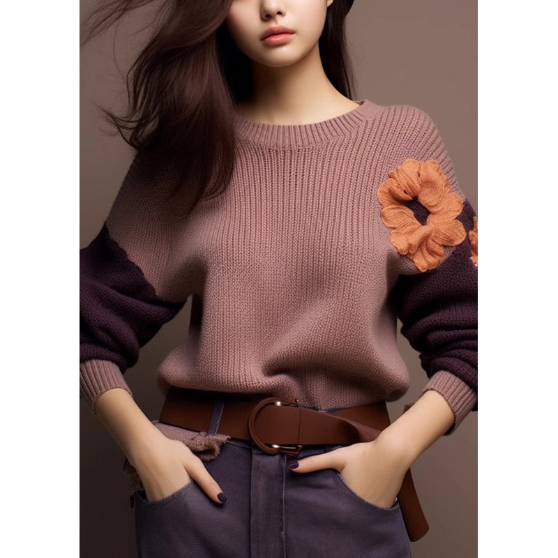 Art Purple O-Neck Cozy Patchwork Knit Sweaters Spring