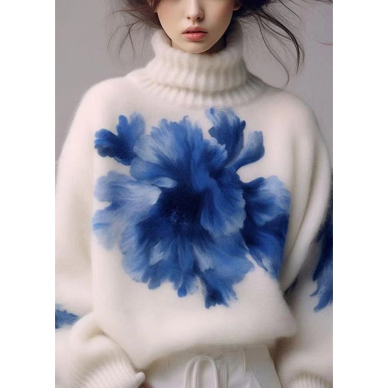 Art White Turtleneck Print Wool Knit Sweaters Spring