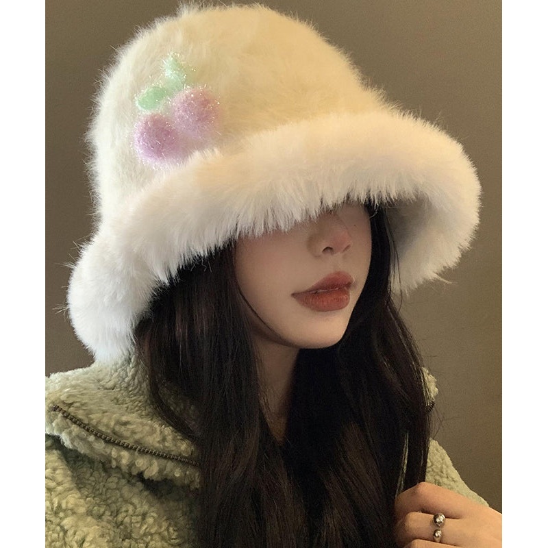 Autumn Spring Japanese Style Warm White Fuzzy Fur Fluffy Bucket Hat