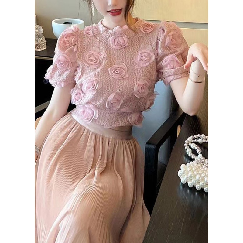 Beautiful Pink Floral Hollow Out Knit Top Summer