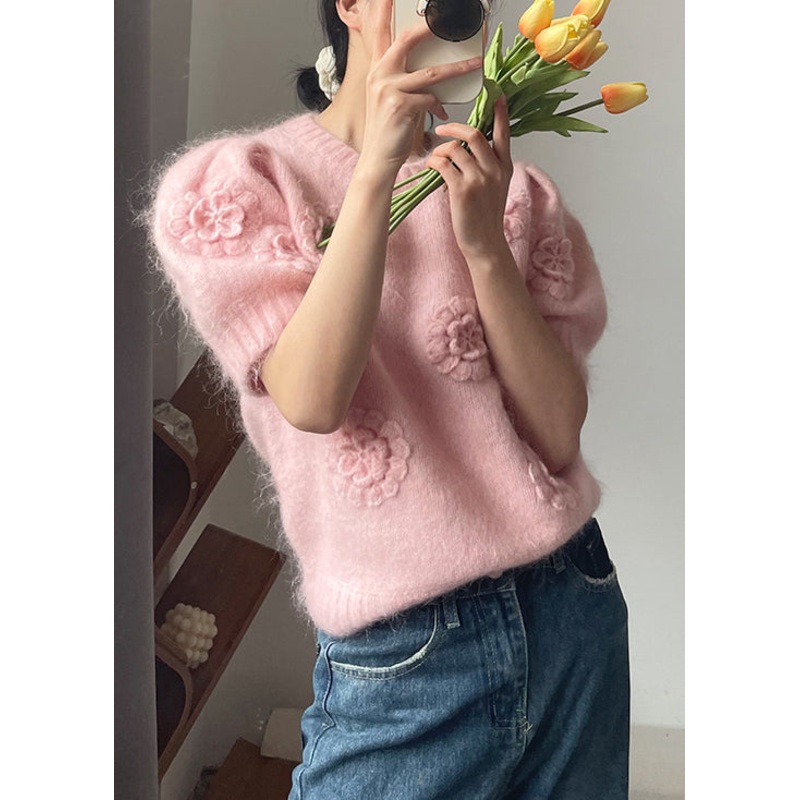 Beautiful Pink O Neck Floral Solid Knit Sweater Short Sleeve