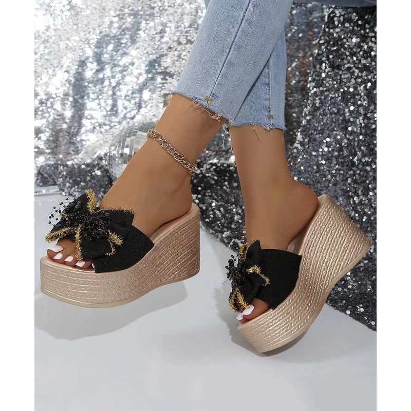 Black Splicing Wedge Bow Slide Sandals Peep Toe