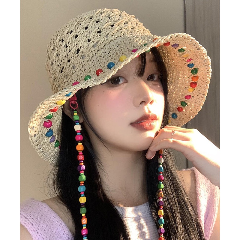 Boho Colorful Wooden Bead Hollowed Out Large Brim Sun Hat