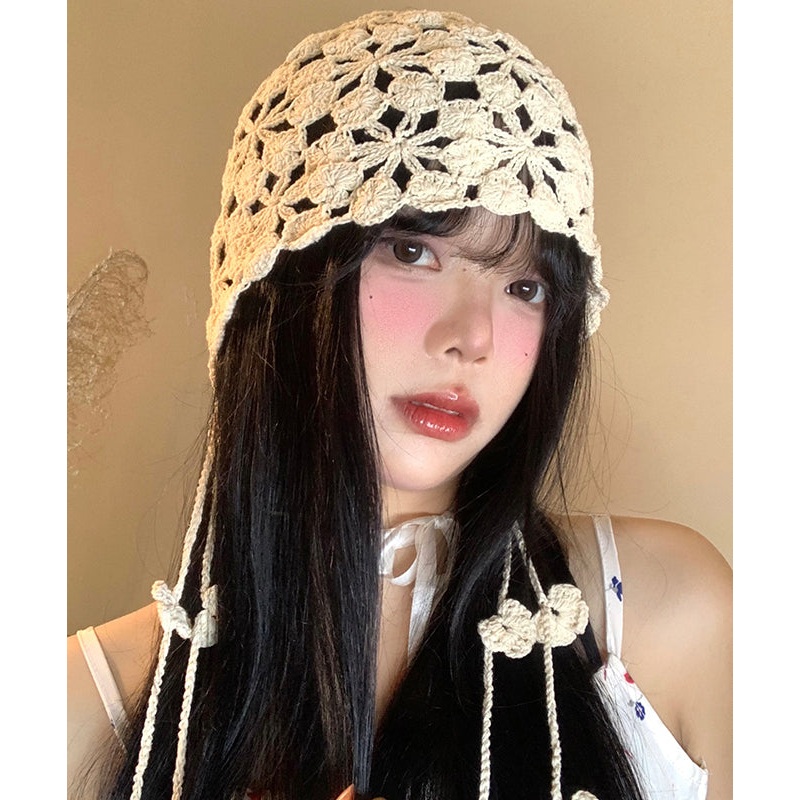 Boho White Tassel Hollow Out Knit Bonnie Hat