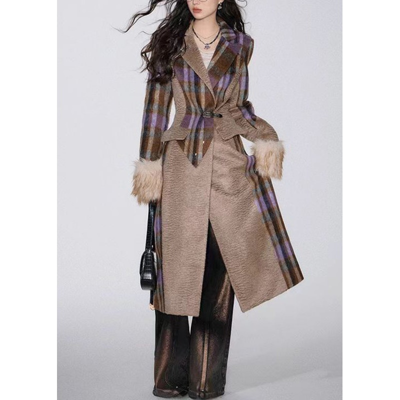 Boutique Brown Plaid Notched Patchwork Woolen Trench Spring