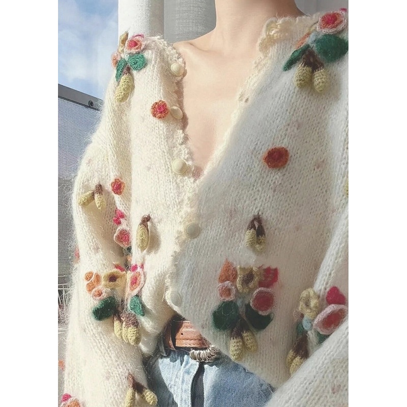 Chic Beige V Neck Button Patchwork Knit Cardigan Spring