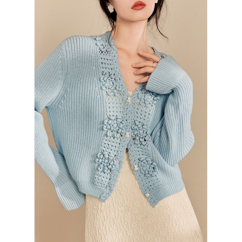 Elegant Blue V Neck Hollow Out Knit Cardigan Spring
