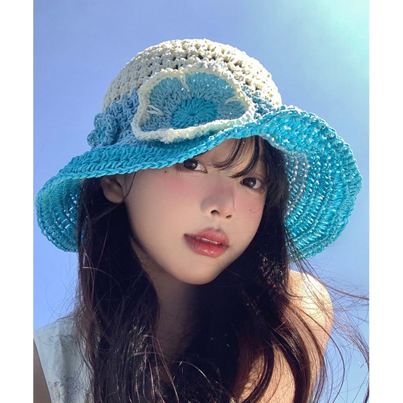 Stylish Gradient Blue Hollow Out Floral Straw Woven Floppy Sun Hat