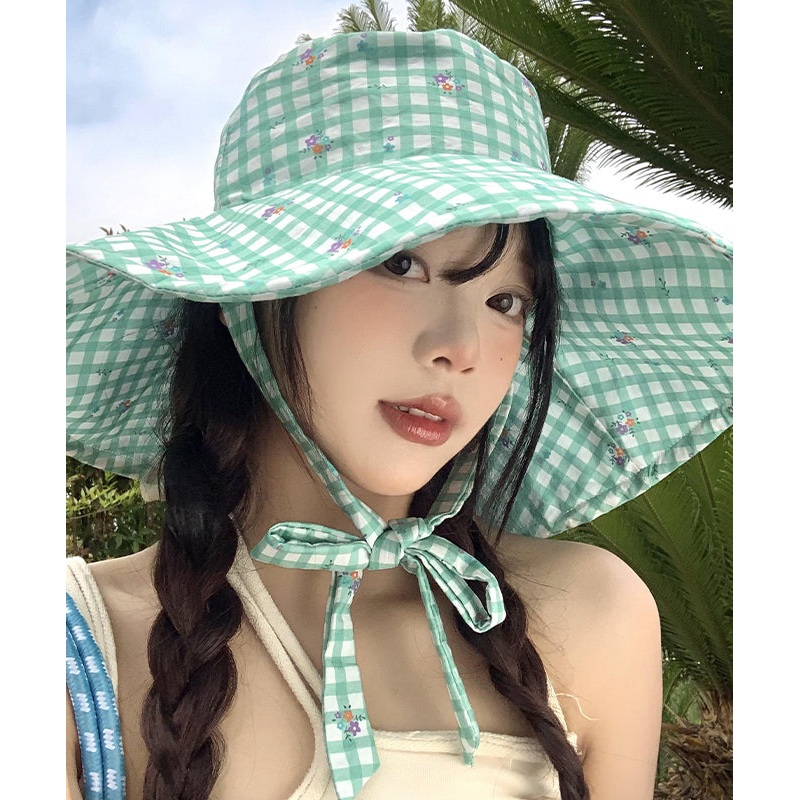 Stylish Green Plaid Lace Up Floppy Sun Hat