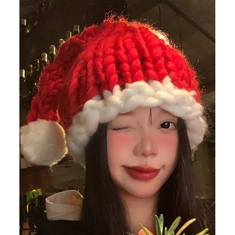 Stylish Red Fuzzy Ball Decorated Knit Bonnie Hat