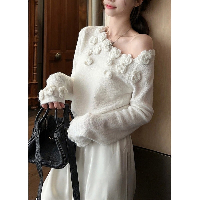 Stylish White Cold Shoulder Solid Knit Sweater Spring