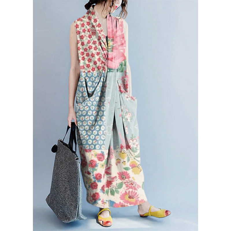 V Neck Sleeveless Loose Long Dress Casual Split Hem Blue Flowers Long Tank
