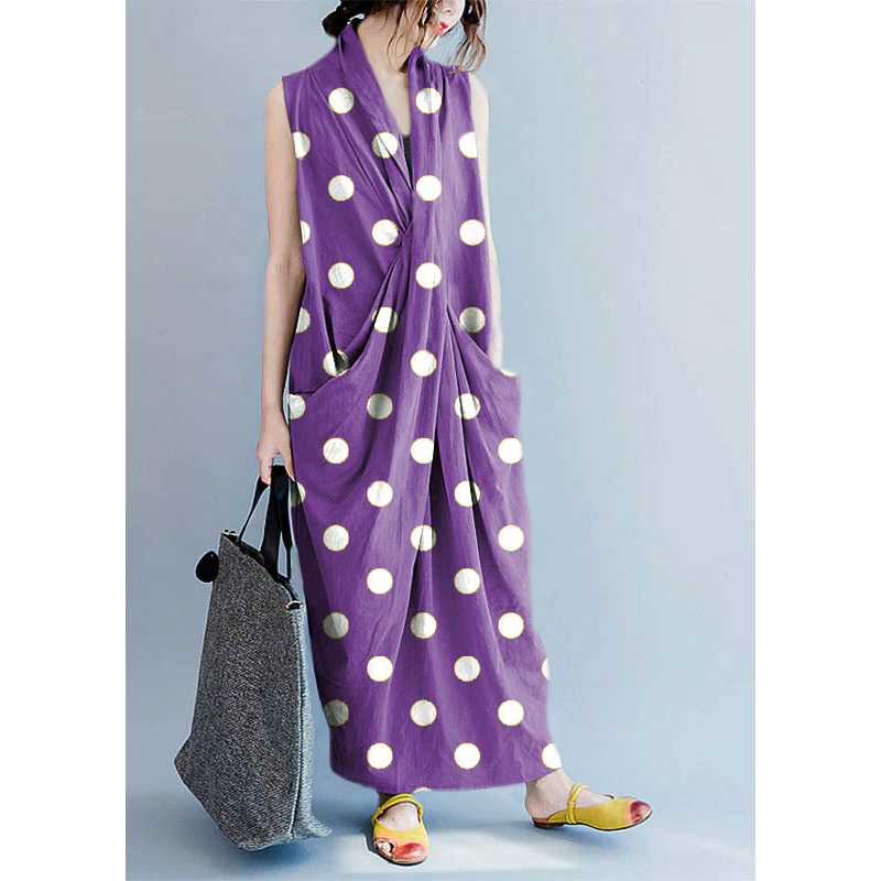 V Neck Sleeveless Loose Long Dress Casual Split Hem Purple polka dots Long Tank
