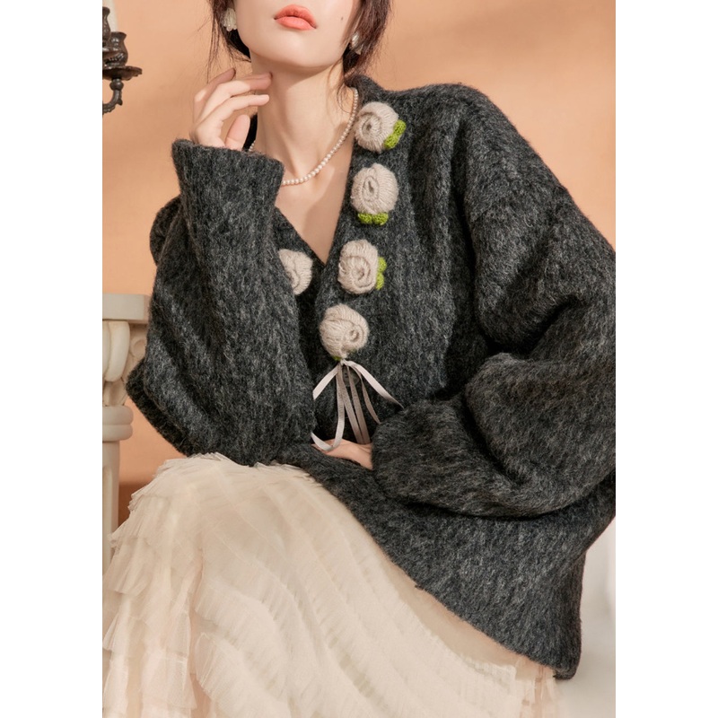 Vintage Black V Neck Pockets Floral Woolen Coat Spring