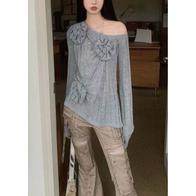 Women Blue Asymmetrical Floral Knitting Cotton Top Spring