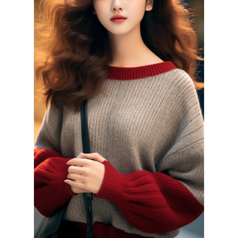 Women Camel O Neck Thick Patchwork Knit Sweaters Spring