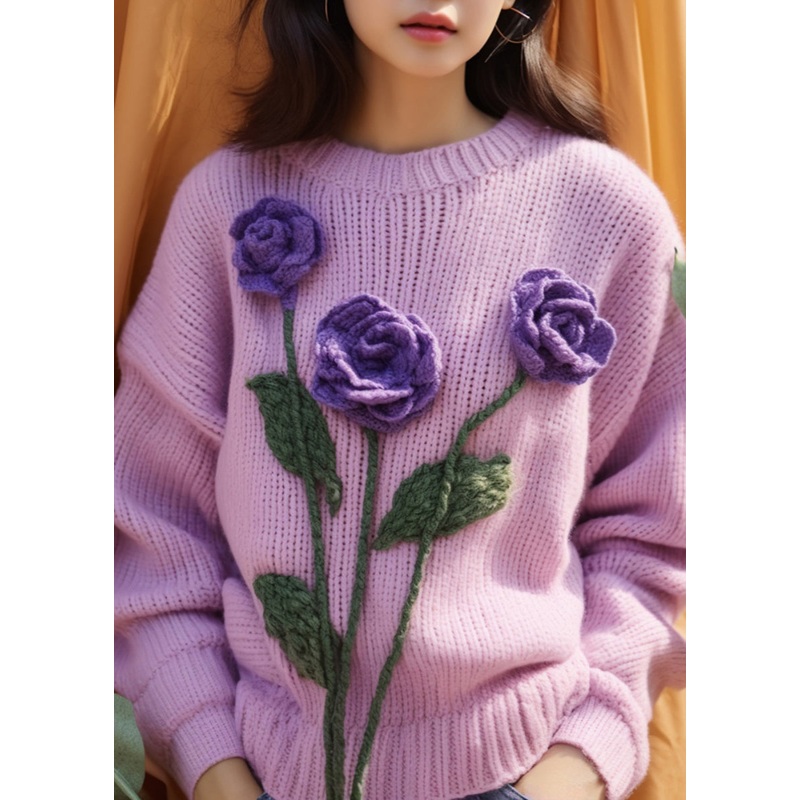 Women Purple Floral Hollow Out Knit Sweaters Spring