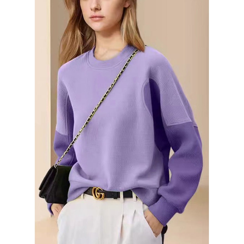 Women Purple O Neck Patchwork Cotton Sweatshirt Spring