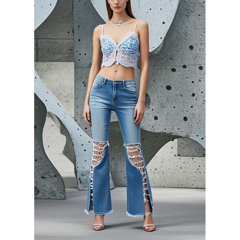 Beautiful Blue Hollow Out Denim Ripped Bell-bottom Trousers Spring
