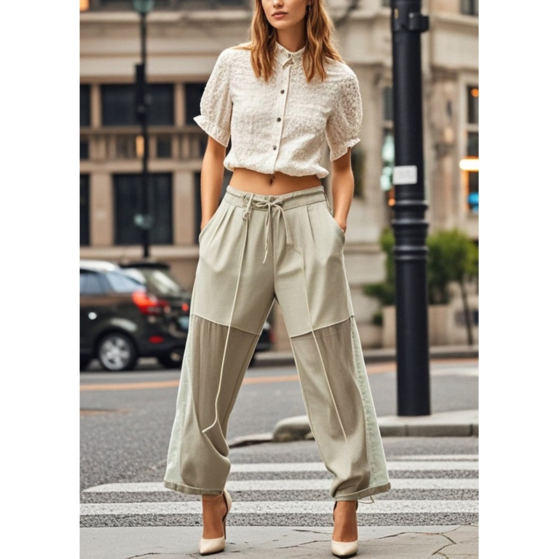 Bohemian Beige Tie Waist Patchwork Chiffon Pants Spring