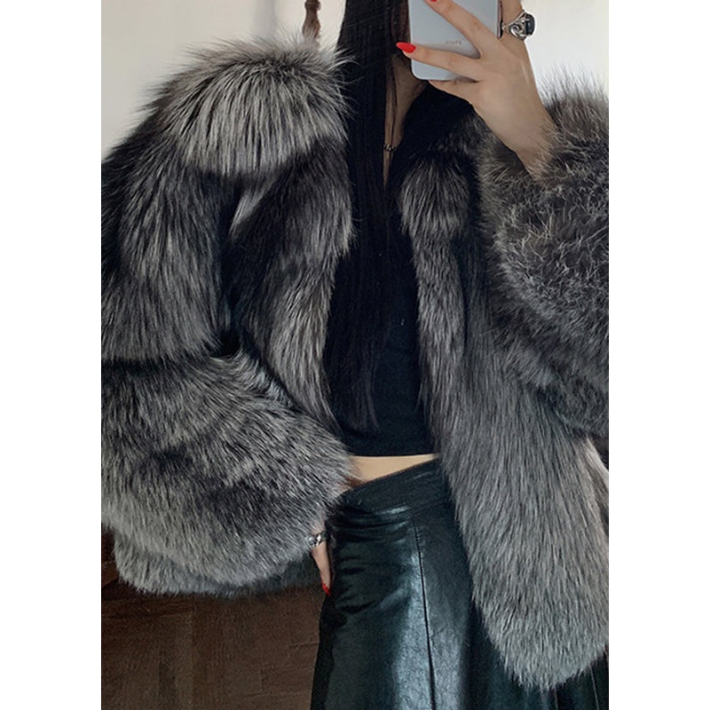 Boho Dark Grey Peter Pan Collar Leather And Fur Coats Spring