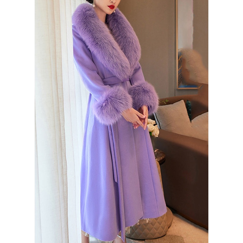 Boho Purple Fur Collar Pockets Tie Waist Wool Maxi Coats Spring