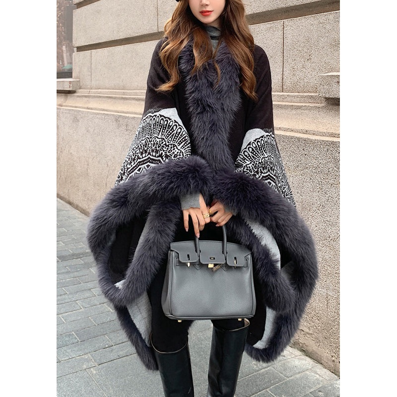 Boutique Handmade Black Hooded Patchwork Faux Fur Shawl