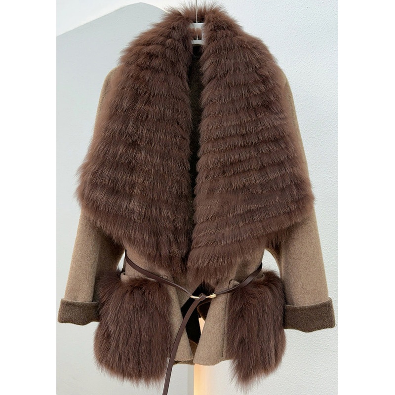 Casual Caramel Fox Collar Tie Waist Woolen Coats Spring