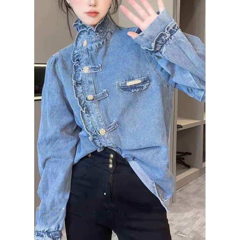 Chic Blue Ruffled Button Patchwork Cotton Shirt Top Spring