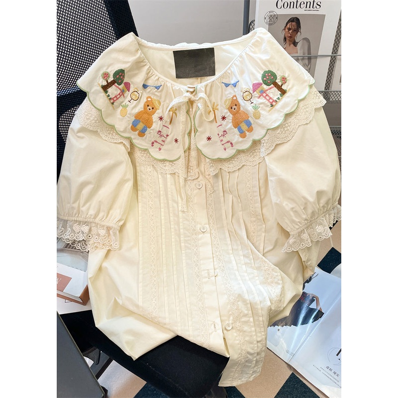 Cute Apricot Peter Pan Collar Embroidered Patchwork Cotton Shirts Summer