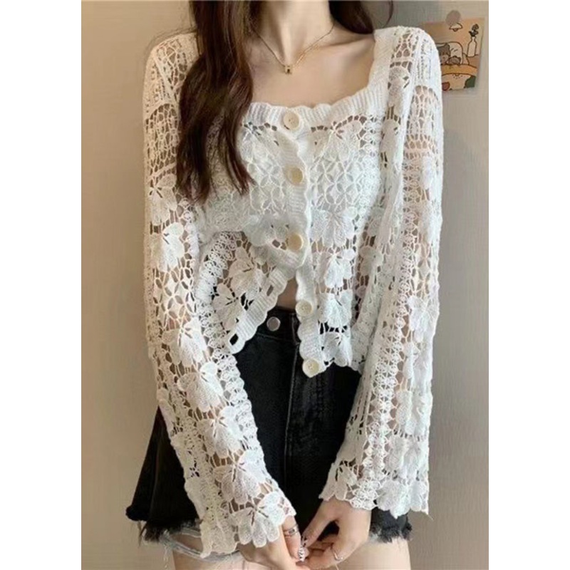 French White Square Collar Hollow Out Knit Top Summer