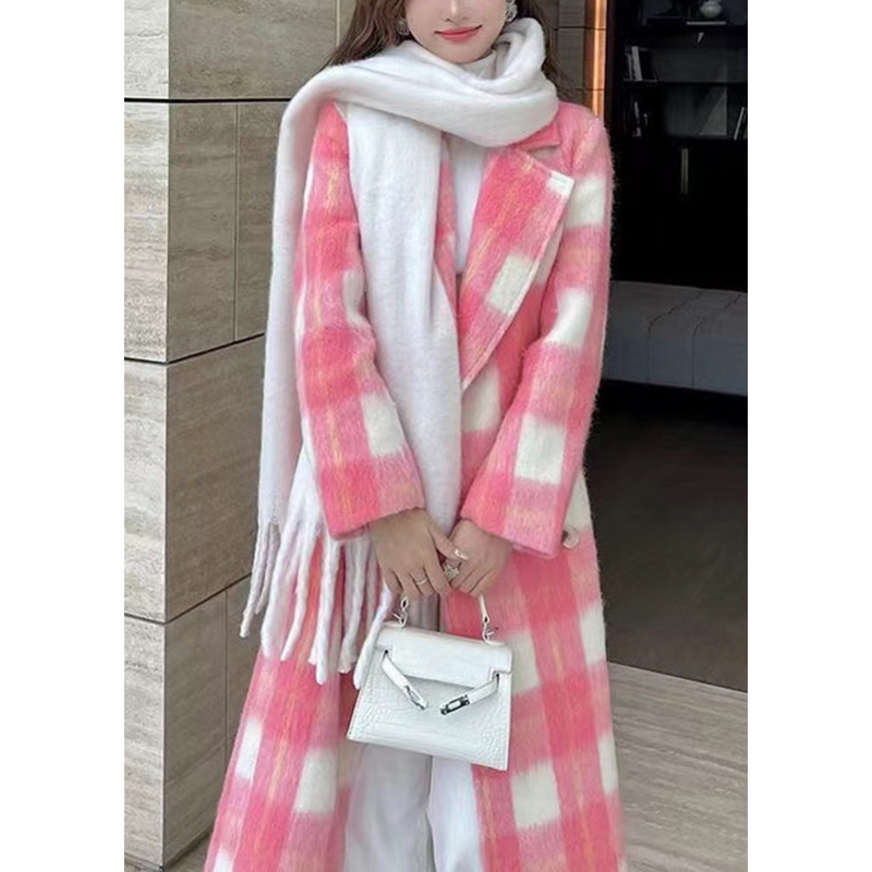 Pink Notched Tie Waist Maxi Woolen Coat Long Sleeve