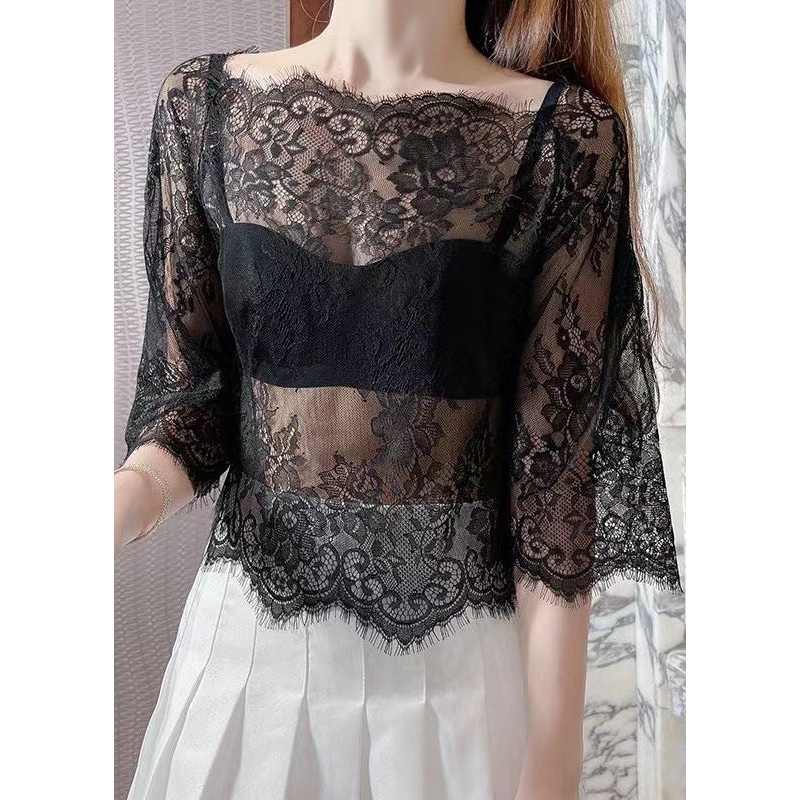 Style Sexy Black Slash Neck Hollow Out Lace Top Summer