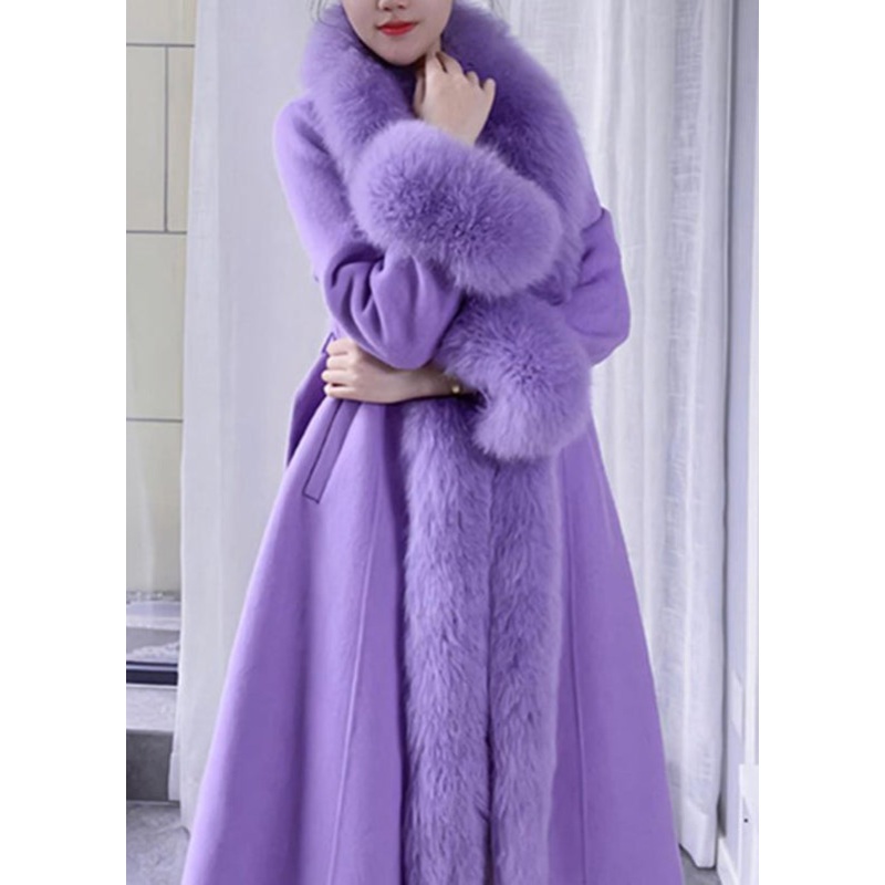 Stylish Purple Bow Tie Waist Woolen Long Coats Spring