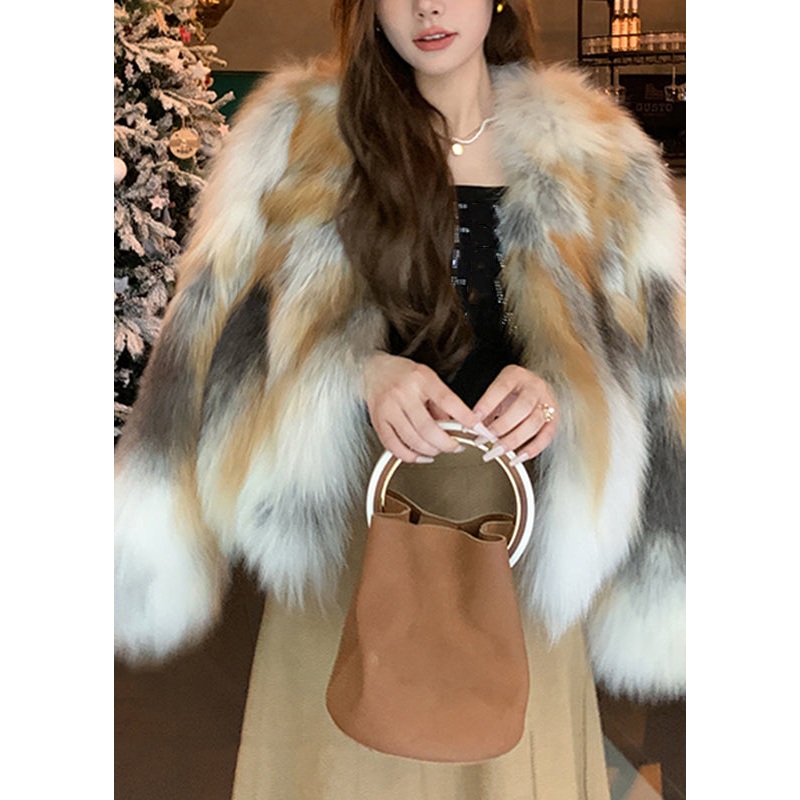 Unique Photo Color V Neck Print Leather And Fur Coats Spring
