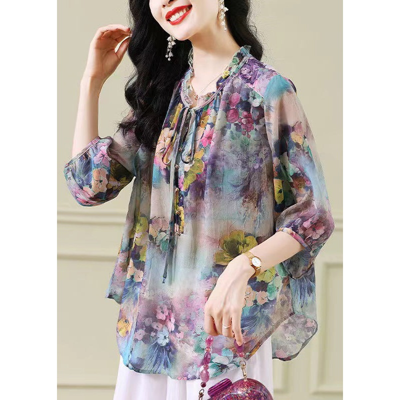Vintage Blue Ruffled Print Chiffon Shirts Bracelet Sleeve