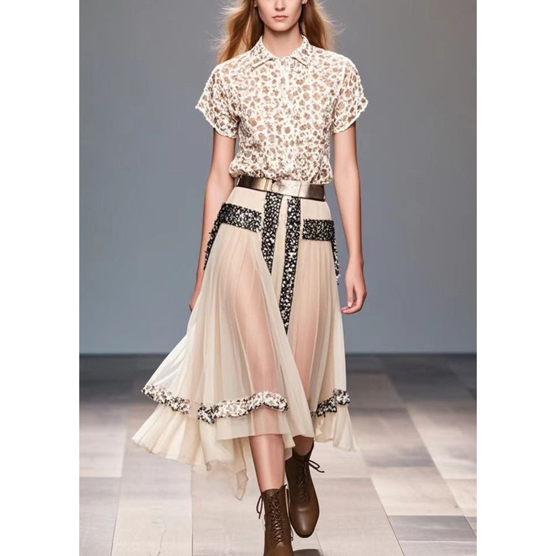 Women Beige Exra Large Hem Patchwork Silk Holiday Skirt Summer